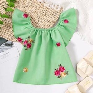 Girls toddler green floral embroidery butterfly sleeves blouse top - size 4Y